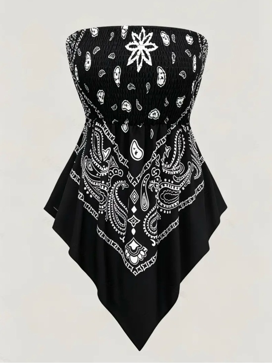 The Real Clean Company Tops - Strapless Black Bandana Print Handkerchief Hem Top New Boutique